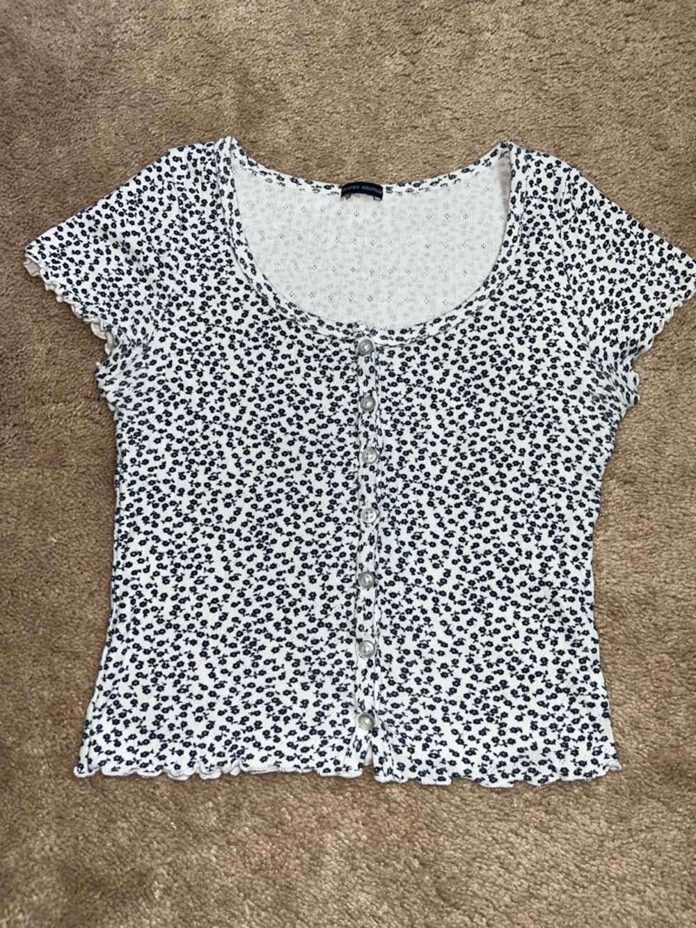 Brandy Melville White & Navy Floral Button-Front Scoop Neck Top
